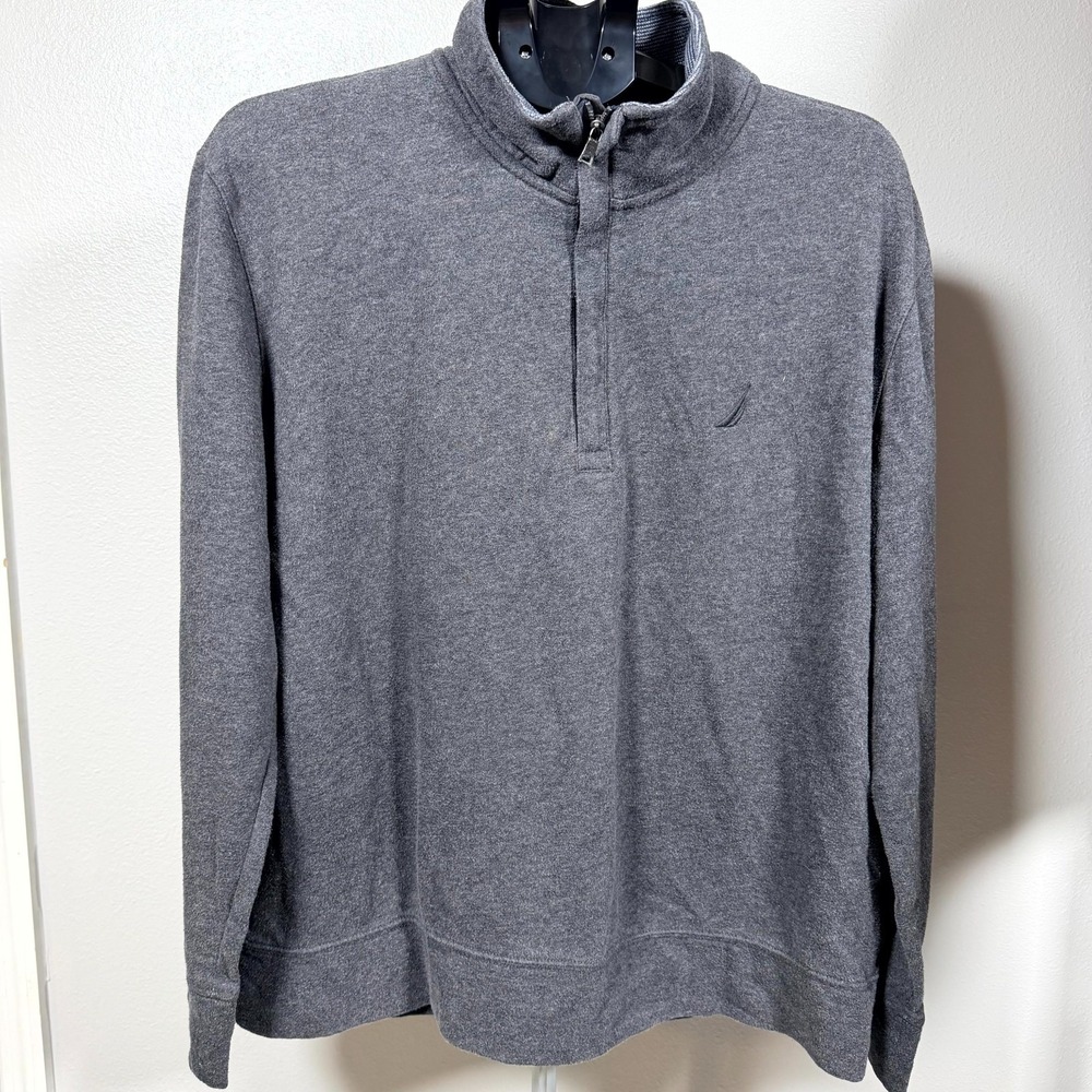Nautica Sweatshirt Mens Large Gray Cotton Quarter Zip Fleece Pullover Mock Neck